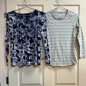 Lot of 2 Justice Blue Tie Dye and Green/Gray Stripe Tops - Size 12 - VGUC